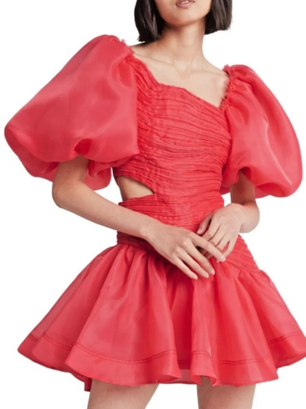 NWT Aje Coral Red Puff-Sleeve Mini Dress